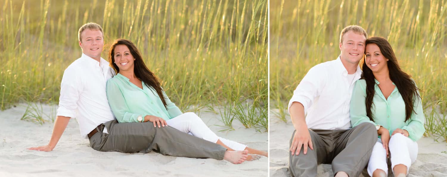 Engagement pictures with sunset hitting the sea oats in the background - Myrtle Beach