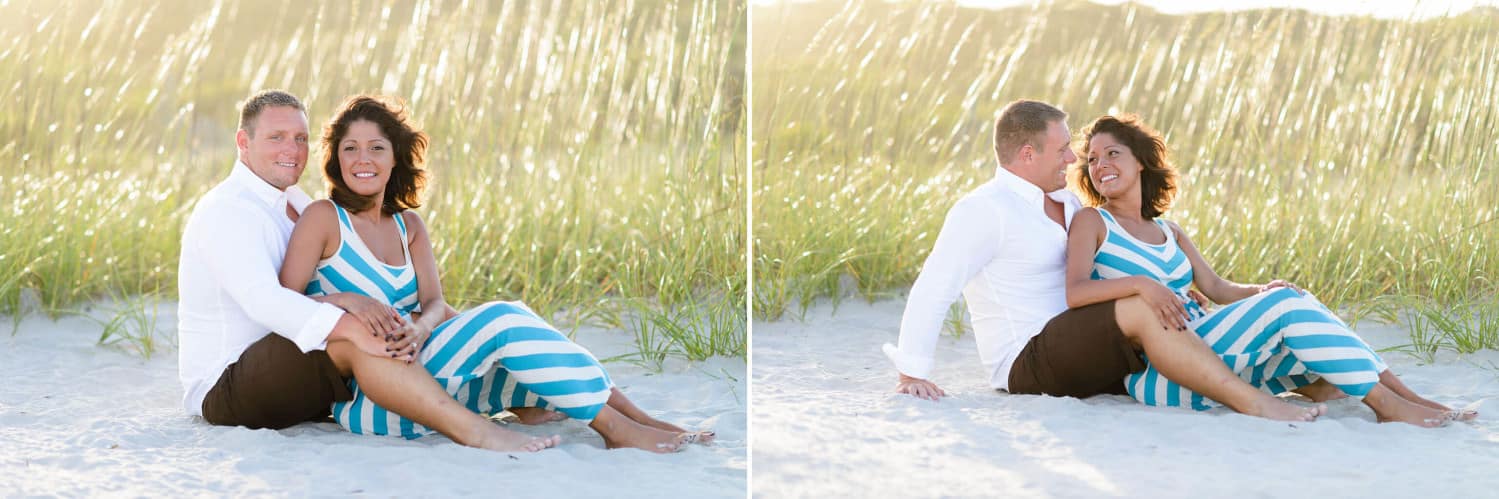 Engagement portraits in front of the sea oats in the sunset