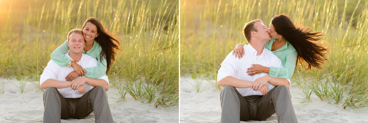 Girl kissing buy from behind in the sunset