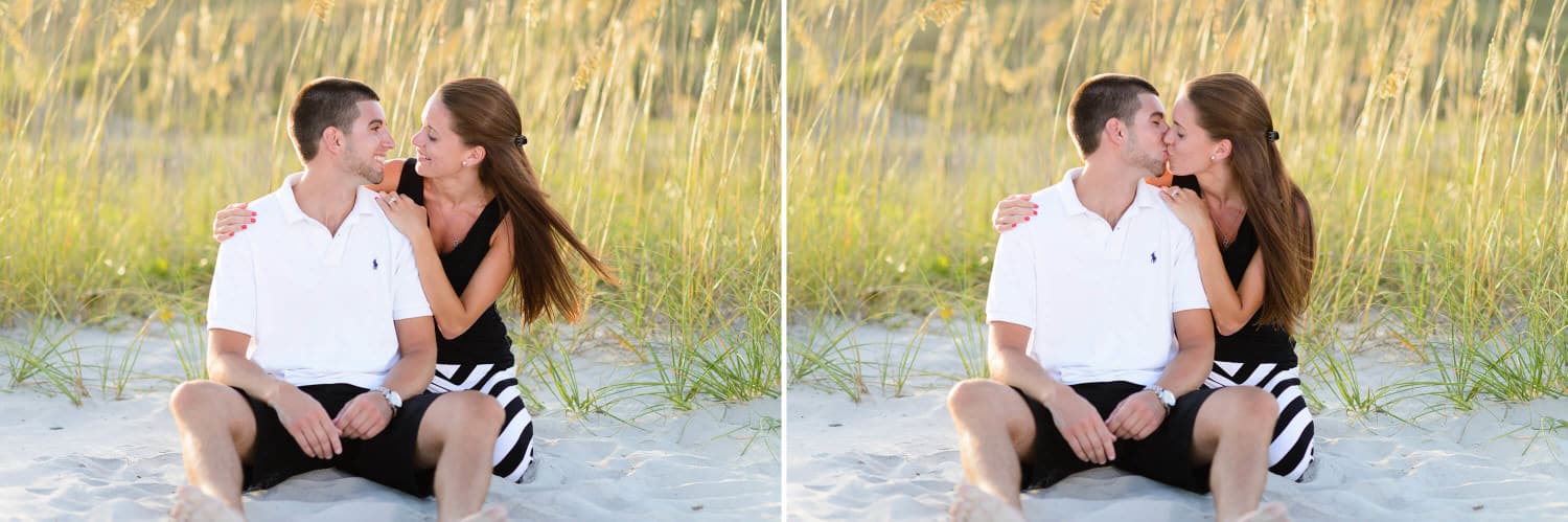 Couple kissing in front of the sea oats