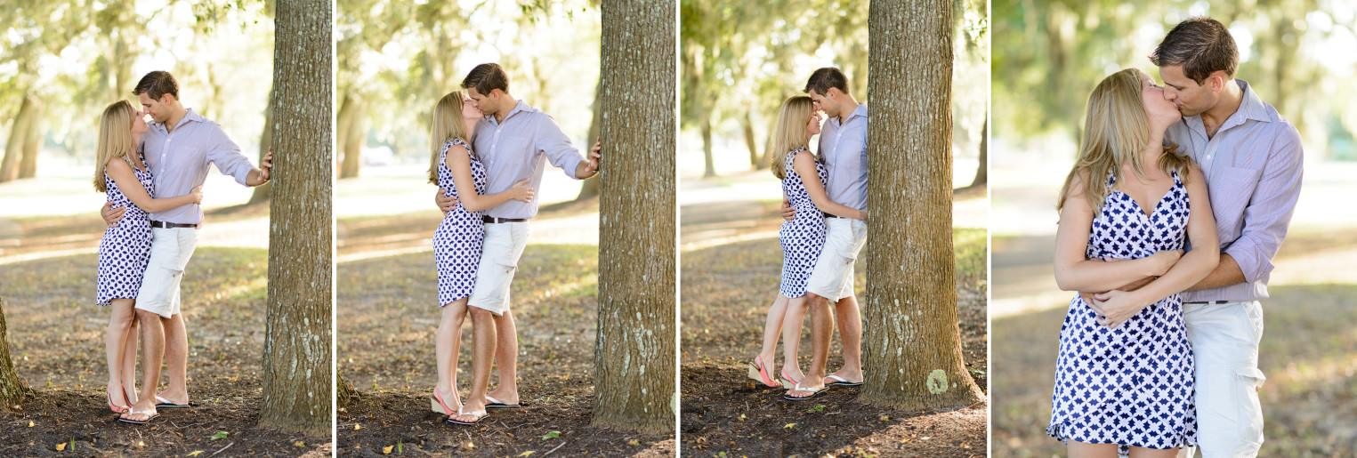 Couple kissing under the oak trees in front of the Litchfield Golf Club