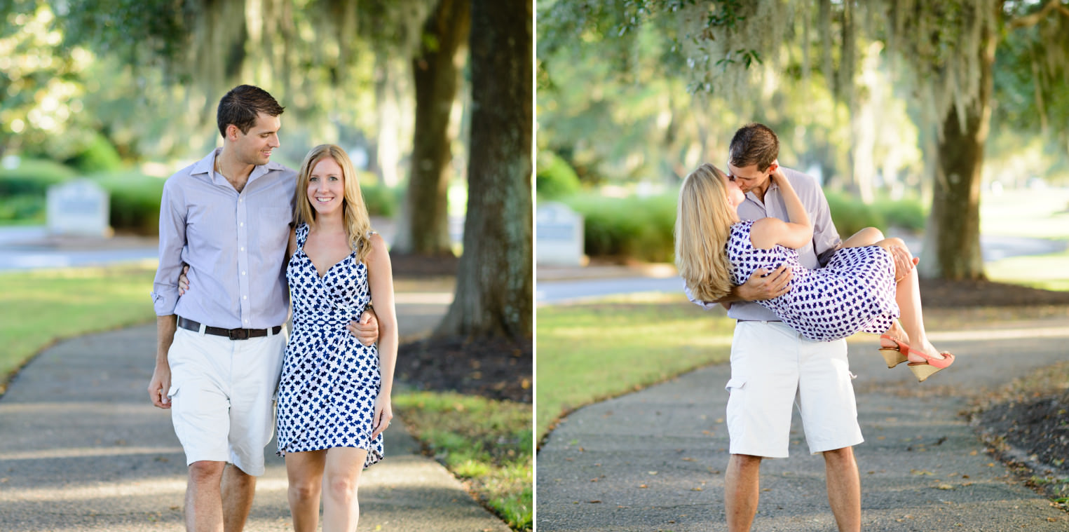 Engagement portrait walking together through oak trees in front of the Litchfield Golf and Beach Club