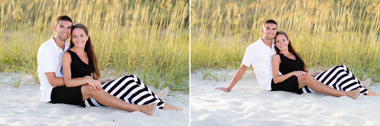Engagement portrait in front of the sea oats and the Myrtle Beach State Park
