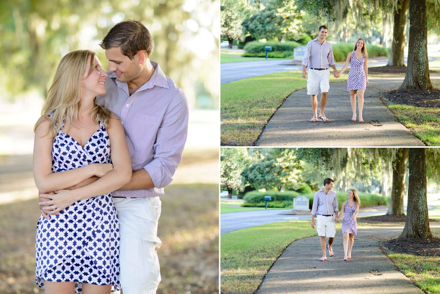 Engagement portrait walking together through oak trees in front of the Litchfield Golf and Beach Club