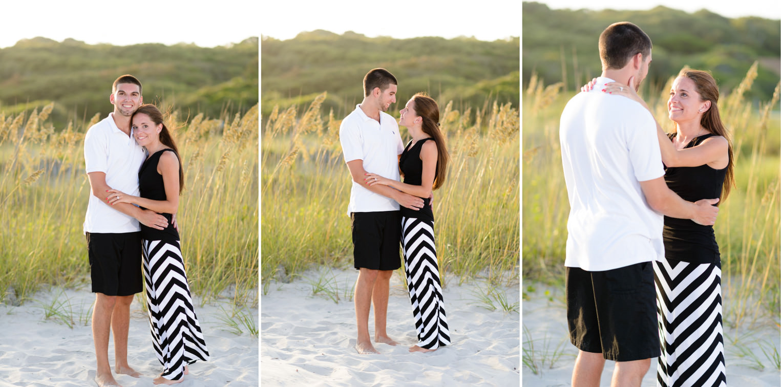 Couple holding each other in front of the sunset and sea oats