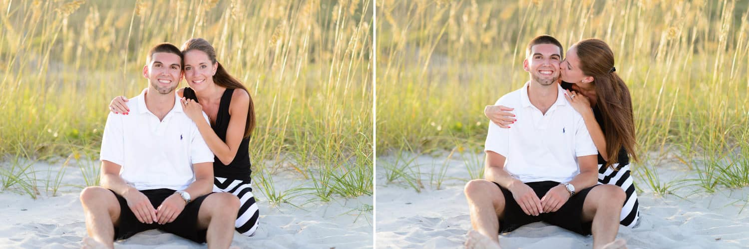 Girl with arms around boyfriend in front of the sea oats