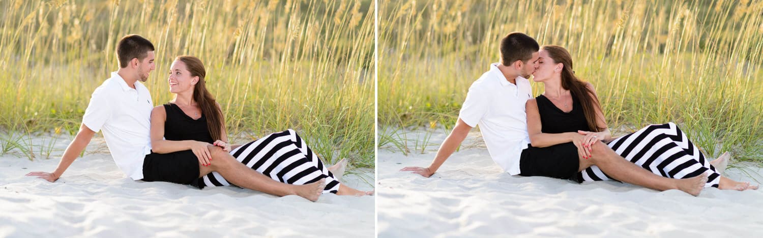 Kissing in front of the sea oats and the Myrtle Beach State Park