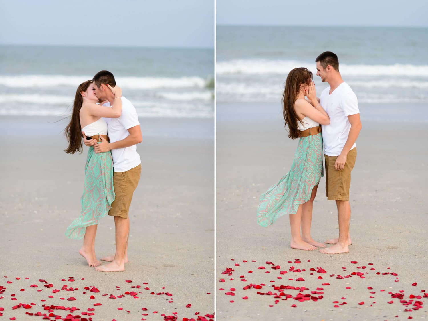 Just engaged couple together in front of the ocean