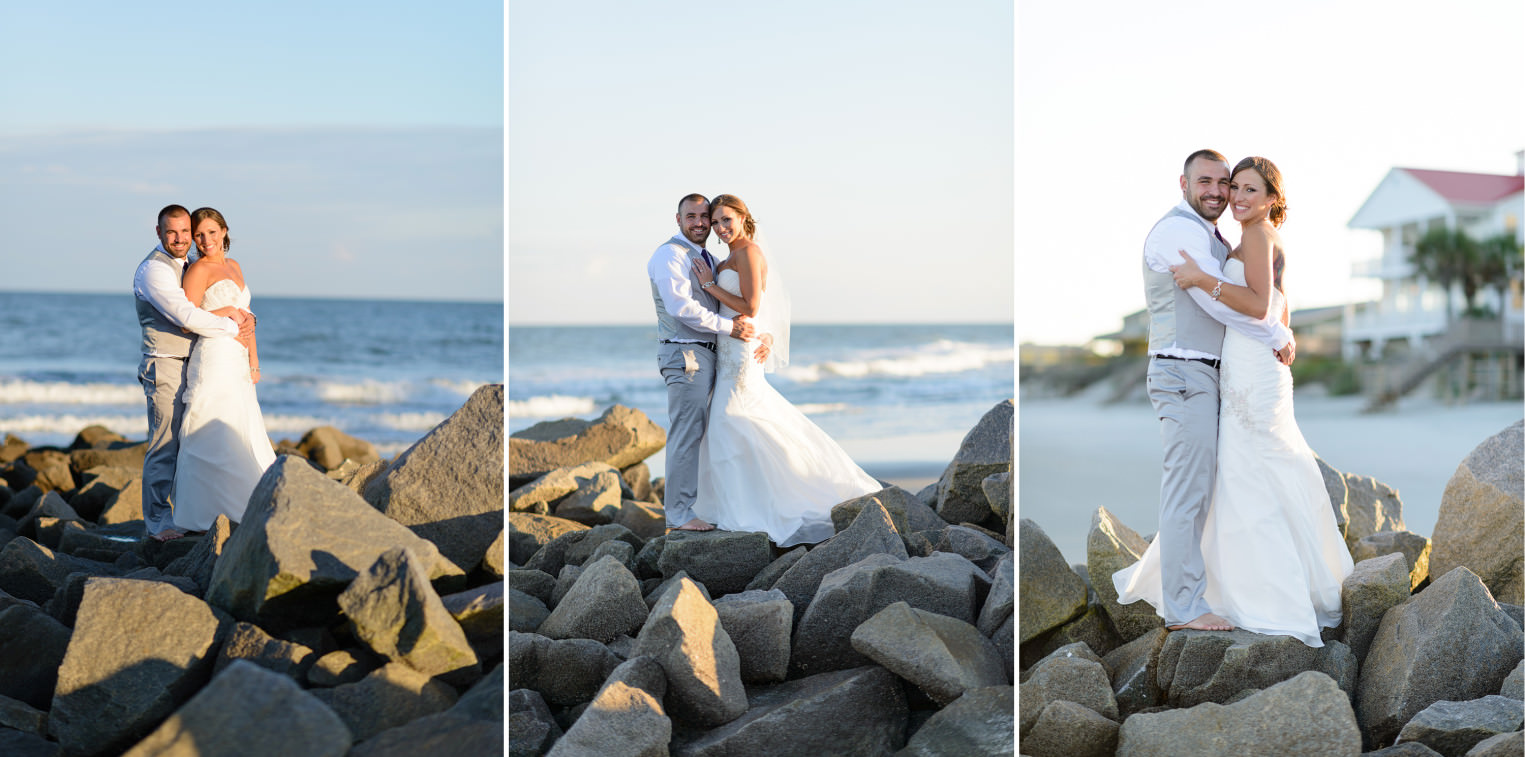 Bride and Groom on a rock jetty - Garden City, SC