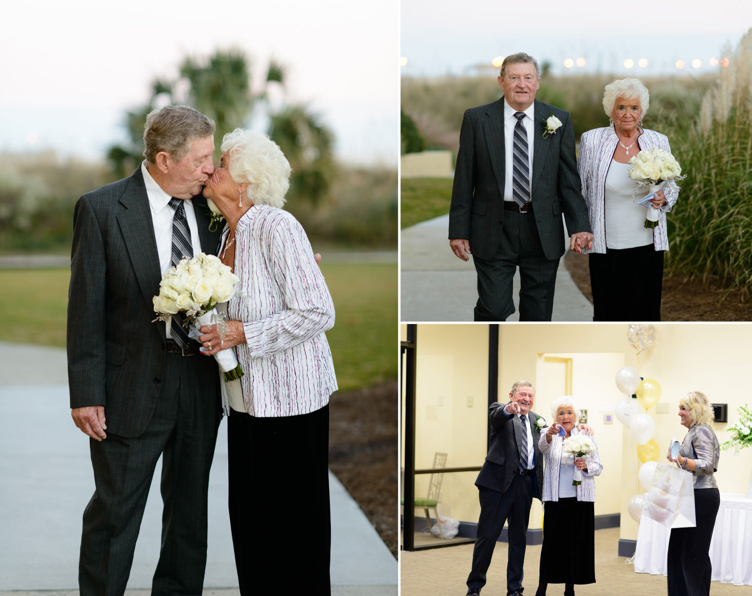 60th anniversary couple arriving at Springmaid Beach