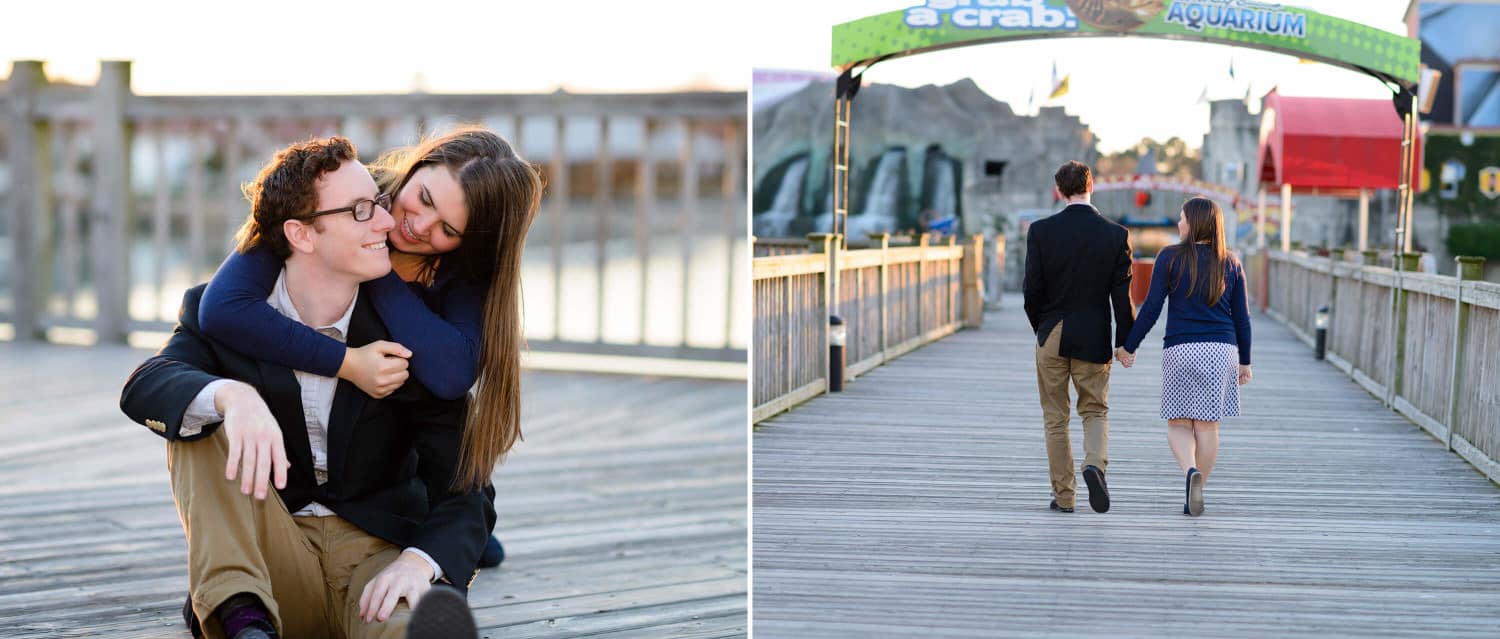 Couple sitting on a walkway together at Broadway at the Beach