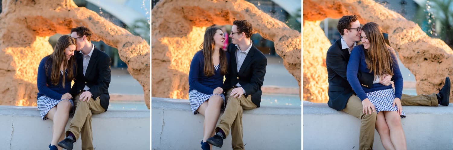 Couple sitting together in front of fountain at Ripley's Aquarium