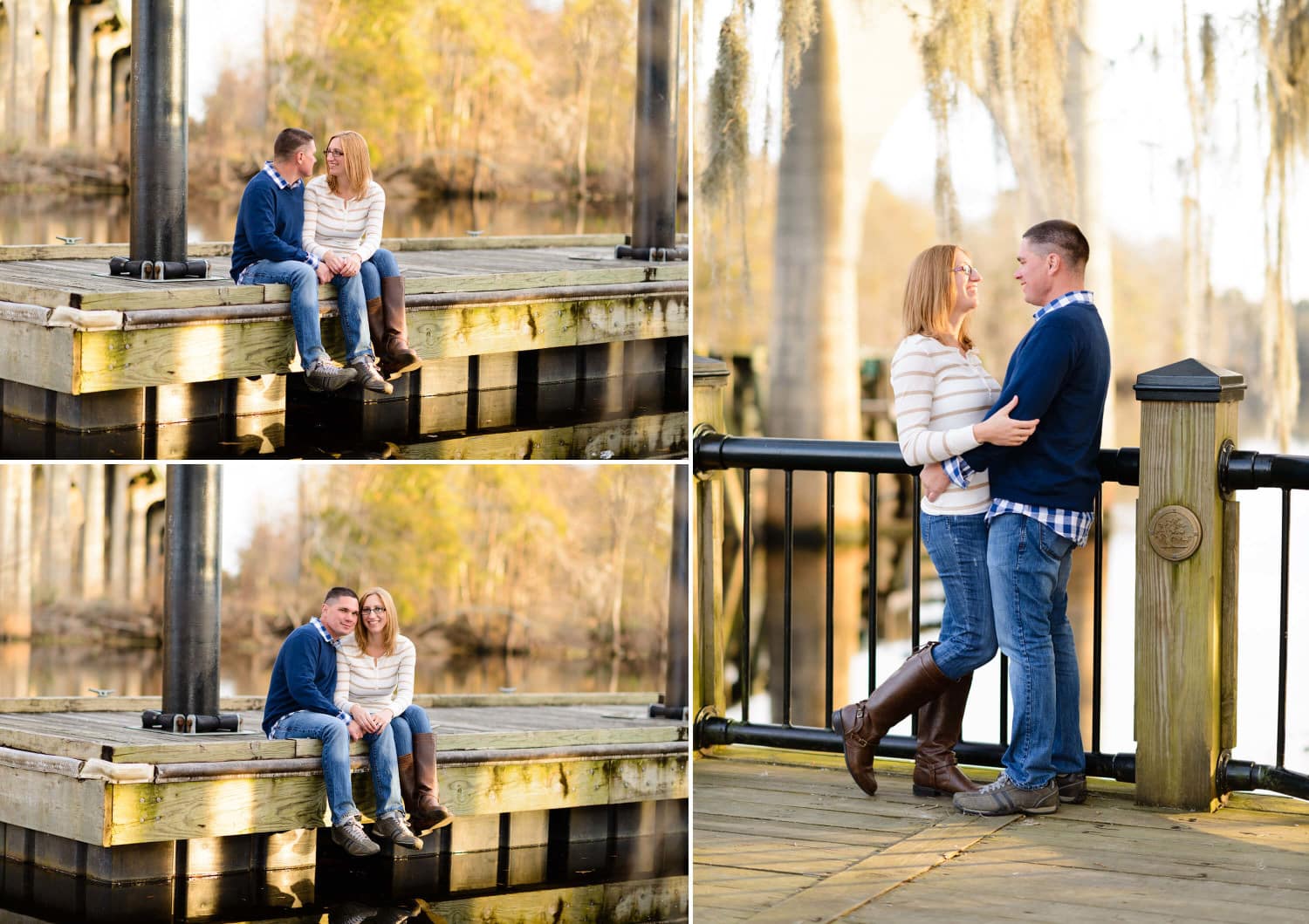 Engagement couple sitting on the dock at the Conway River Walk