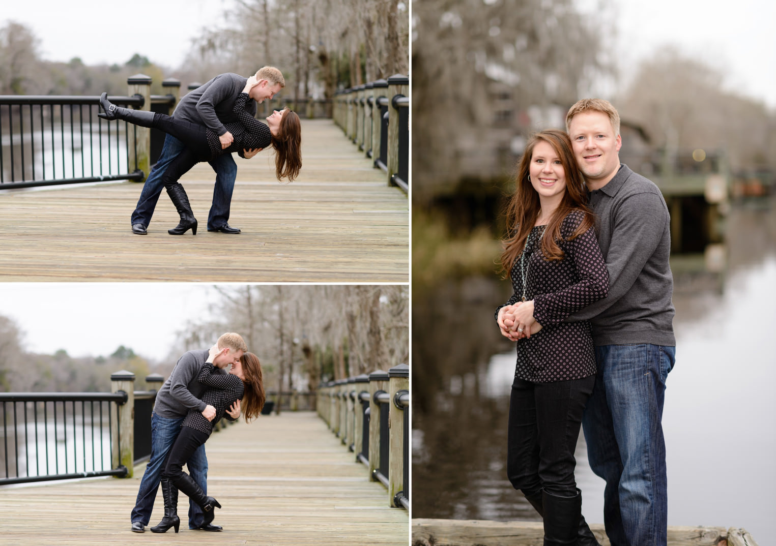 Guy leaning girl back for a kiss on the Riverwalk