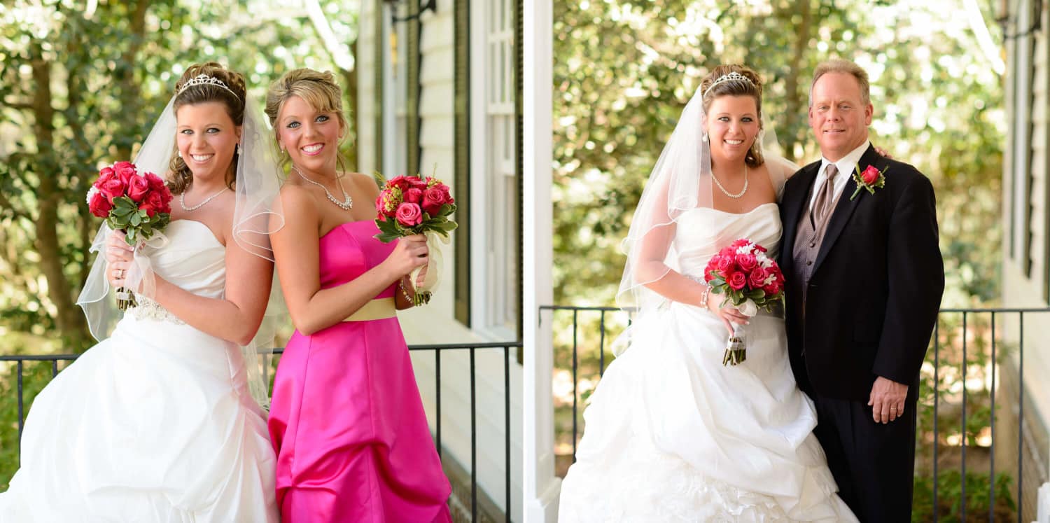 Bride and sister on porch of Pawleys Plantation