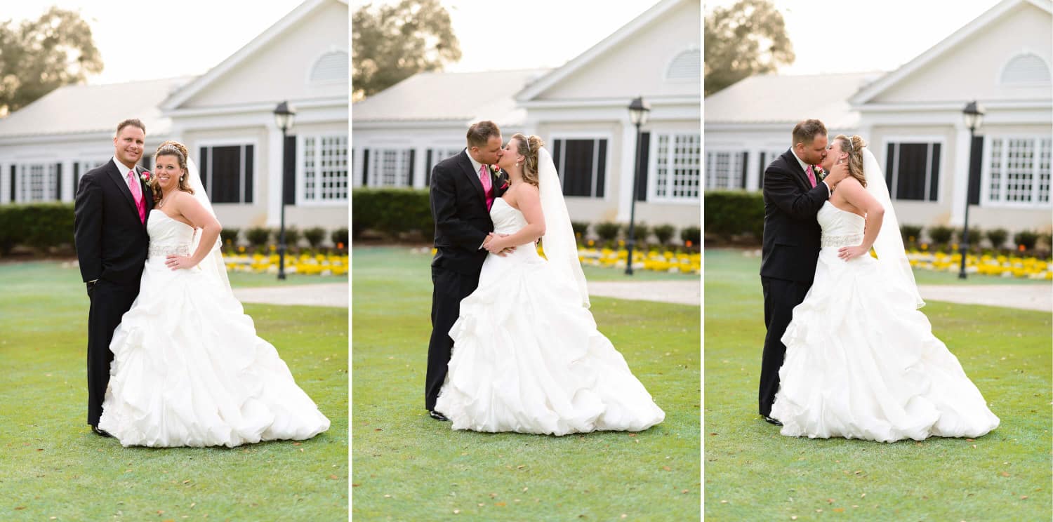 Sunset pictures of bride and groom behind Pawleys Plantation