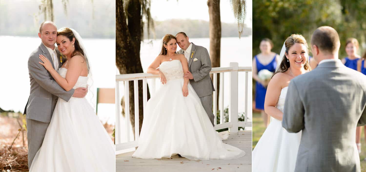 Bride and groom on the porch on the river at Wachesaw Plantation