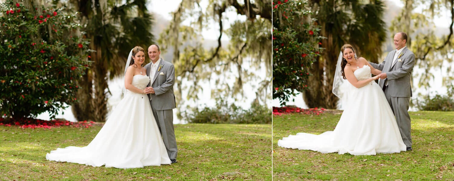 PIctures of the bride and groom before the ceremony at Wachesaw Plantation