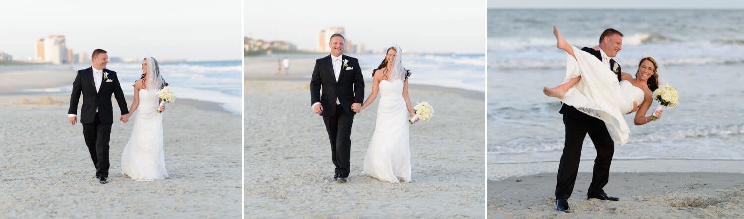 Bride and groom walking down the beach holding hands
