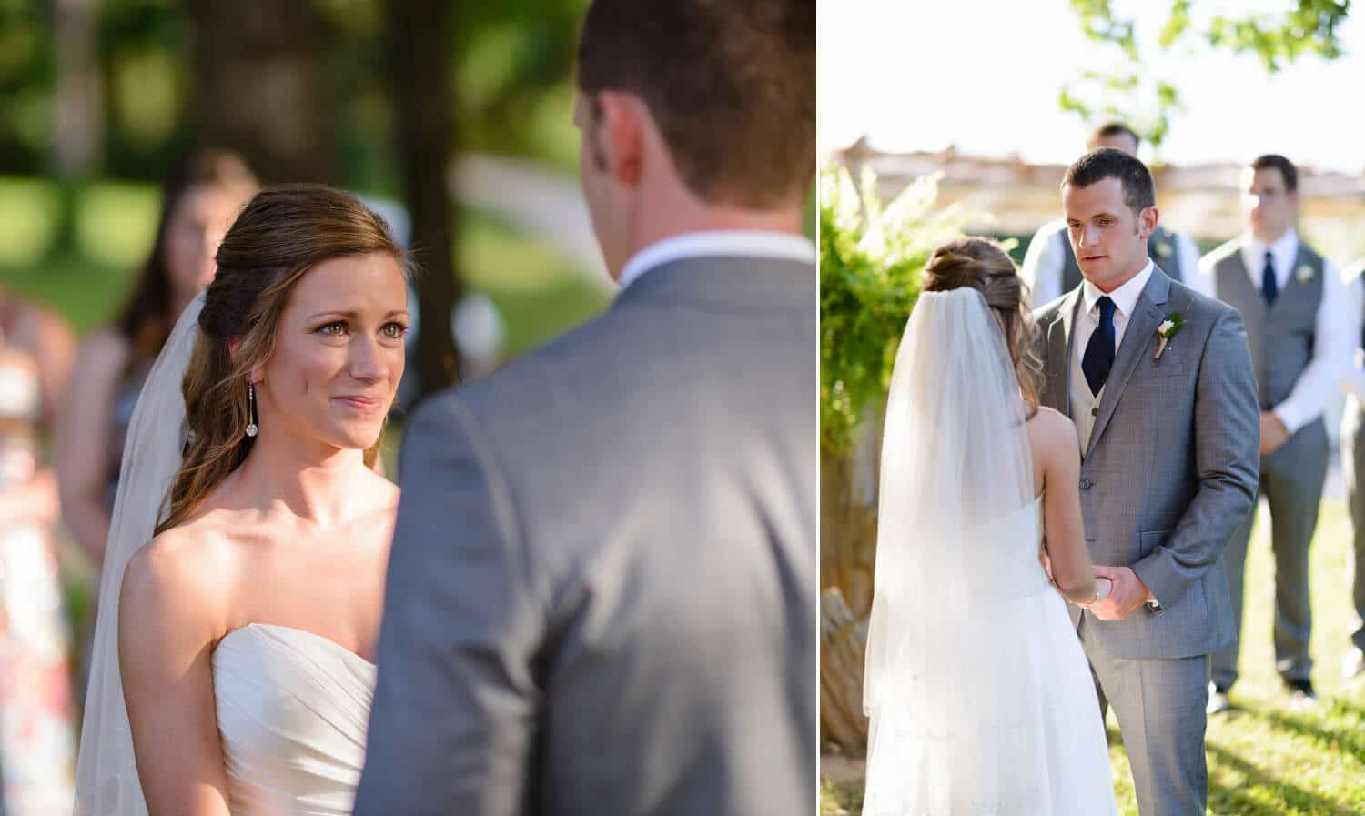 Bride tearing up during ceremony looking at groom