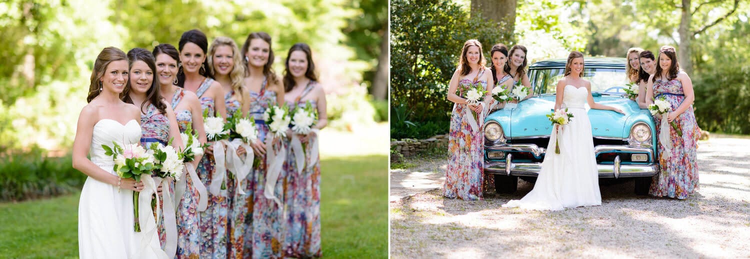 Bridesmaids by classic car
