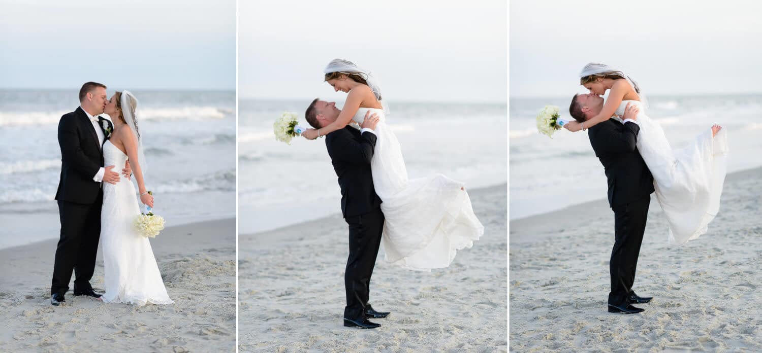 Groom lifting bride into the air at the Ocean Club beach
