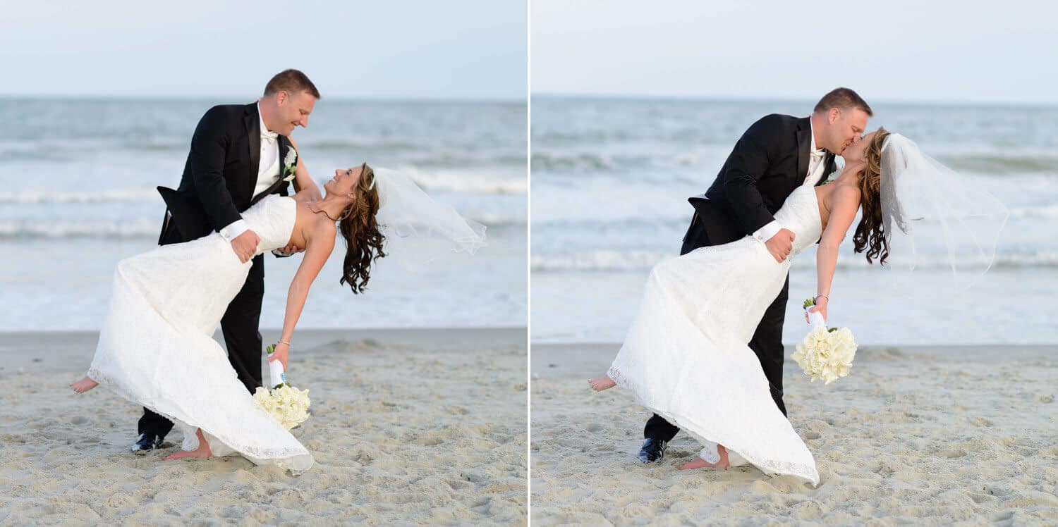 Leaning bride back for a kiss