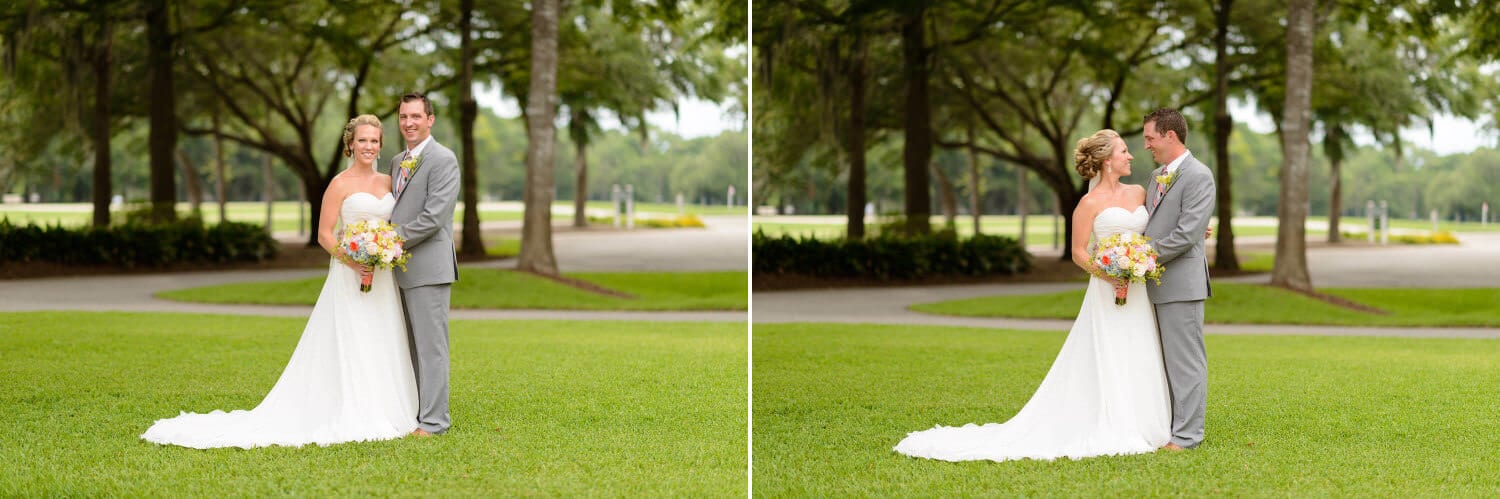 Portraits of bride and groom in front of the Pawleys Plantation Clubhouse
