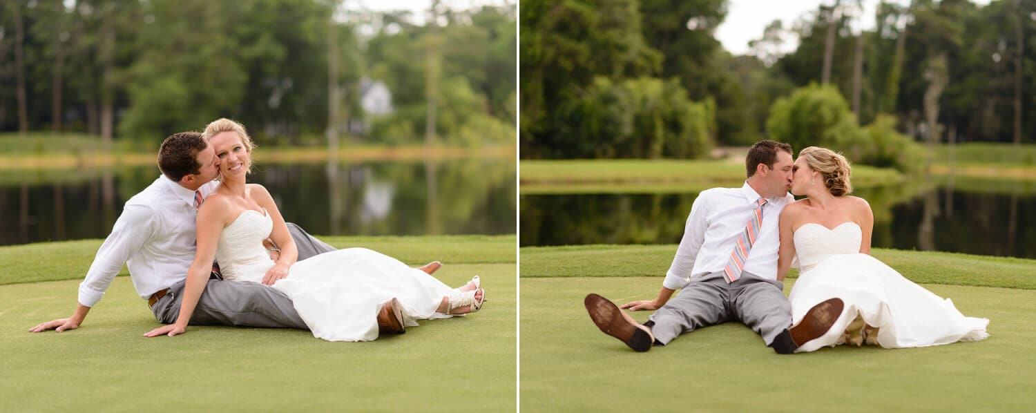 Bride and groom sitting together of golf course greens