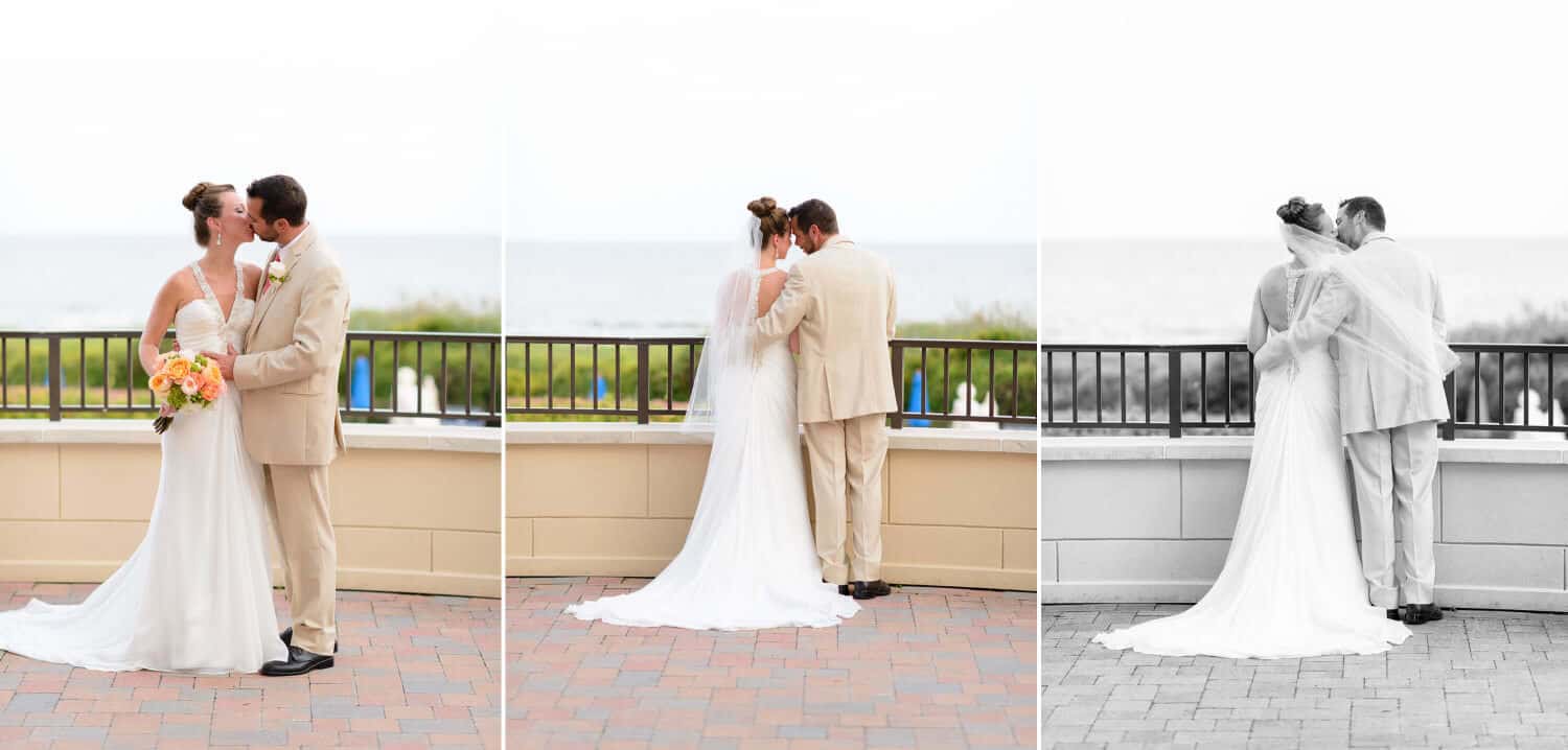 Pictures of bride and groom on Grande Dunes Ocean Club veranda