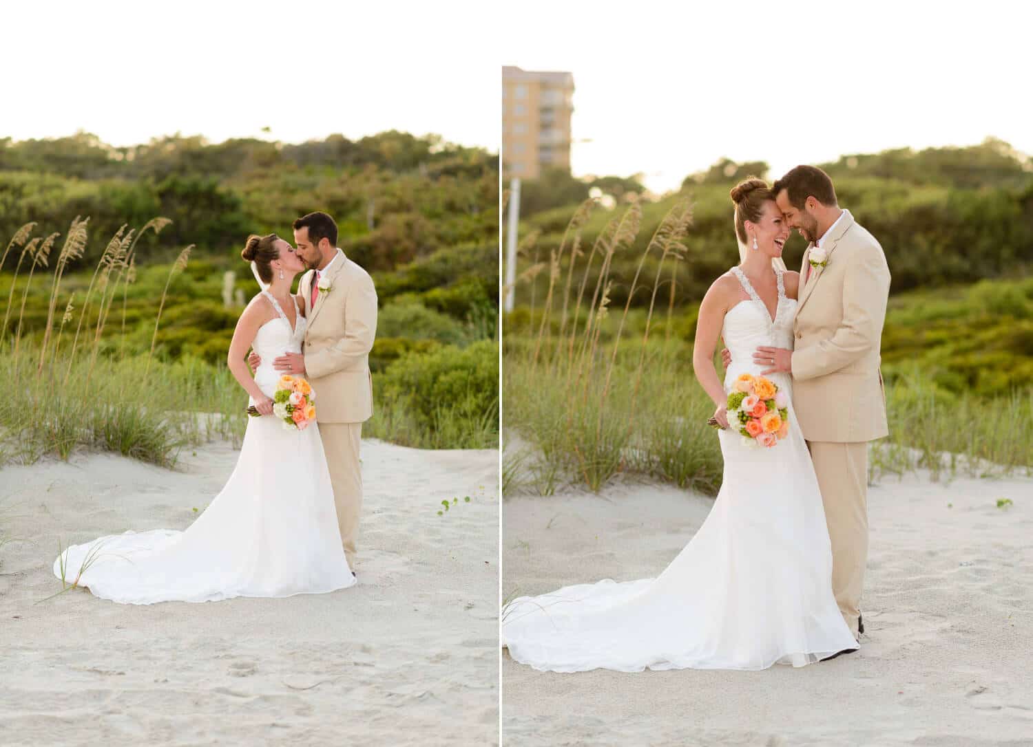 Sunset pictures of bride and groom on the beach behind the Grande Dunes Ocean Club