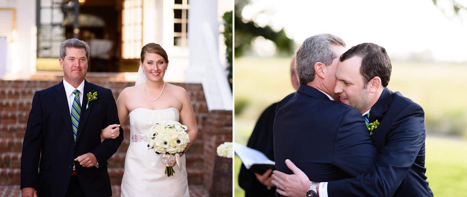 Bride and father walking down isle behind Heritage Plantation