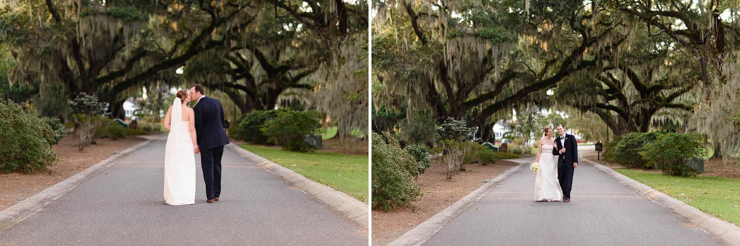 Bride and groom walking down the road to Heritage Plantation