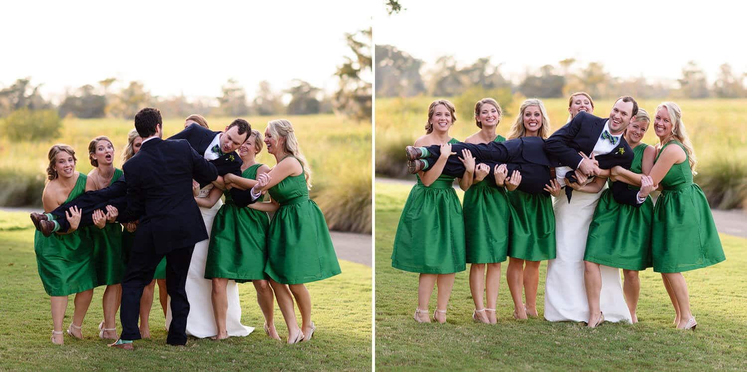 Bridesmaids picking up the groom