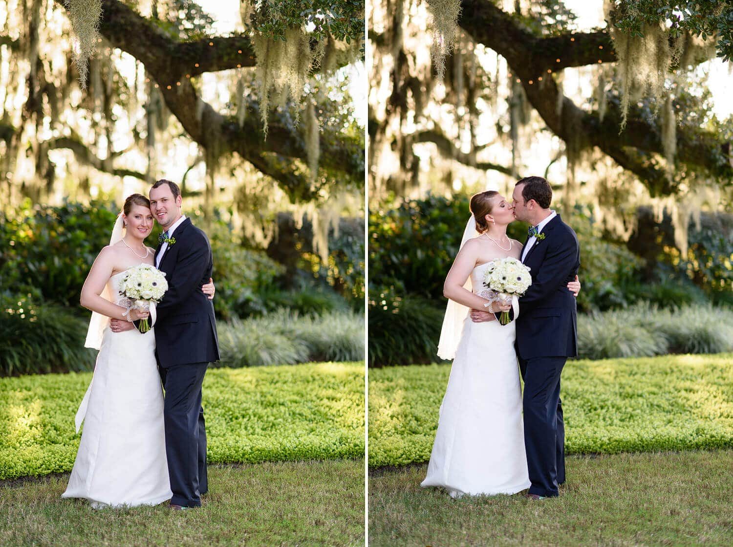 Couple posing in front of the sunset coming through the plantation trees