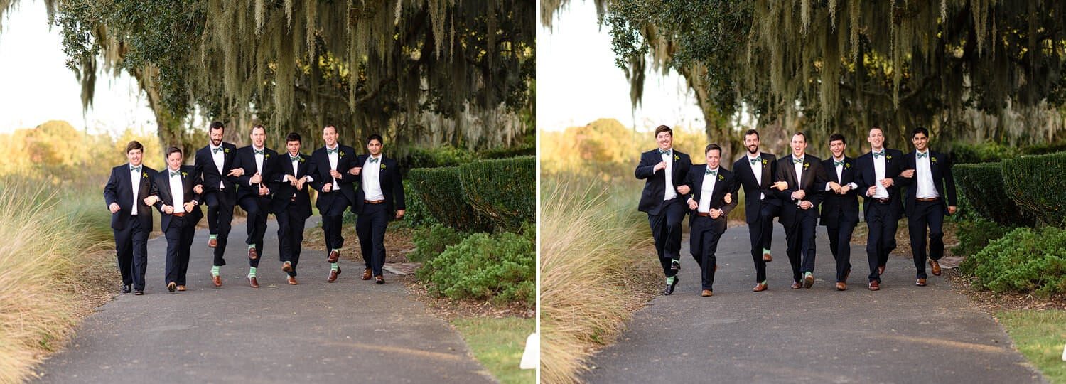 Groomsmen skipping down walkway and having fun