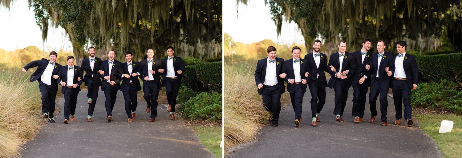 Groomsmen skipping down walkway and having fun