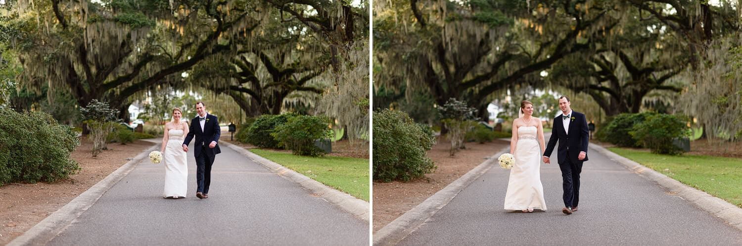 Bride and groom walking down the road to Heritage Plantation