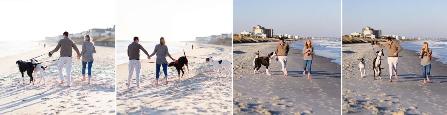 Couple running down the beach with dogs