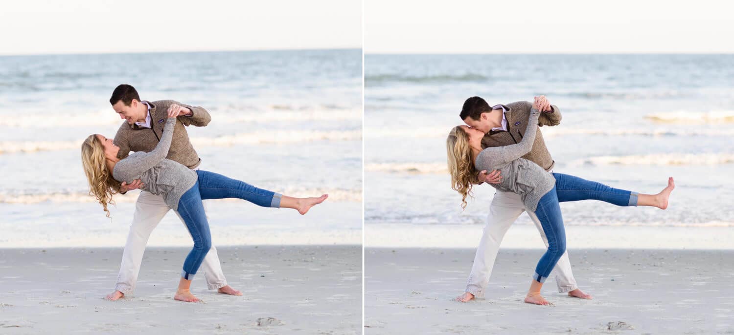 Guy dipping girlfriend back for a kiss in front of the ocean