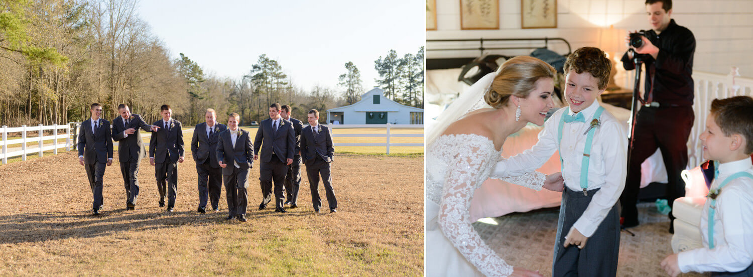 Groomsmen walking together in front of Wildberry Farms barn