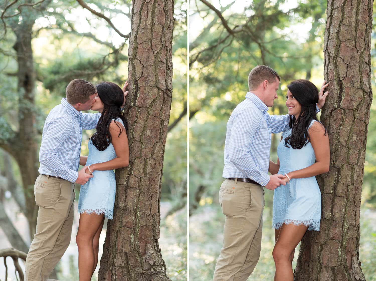 Couple leaning against tree together before proposal