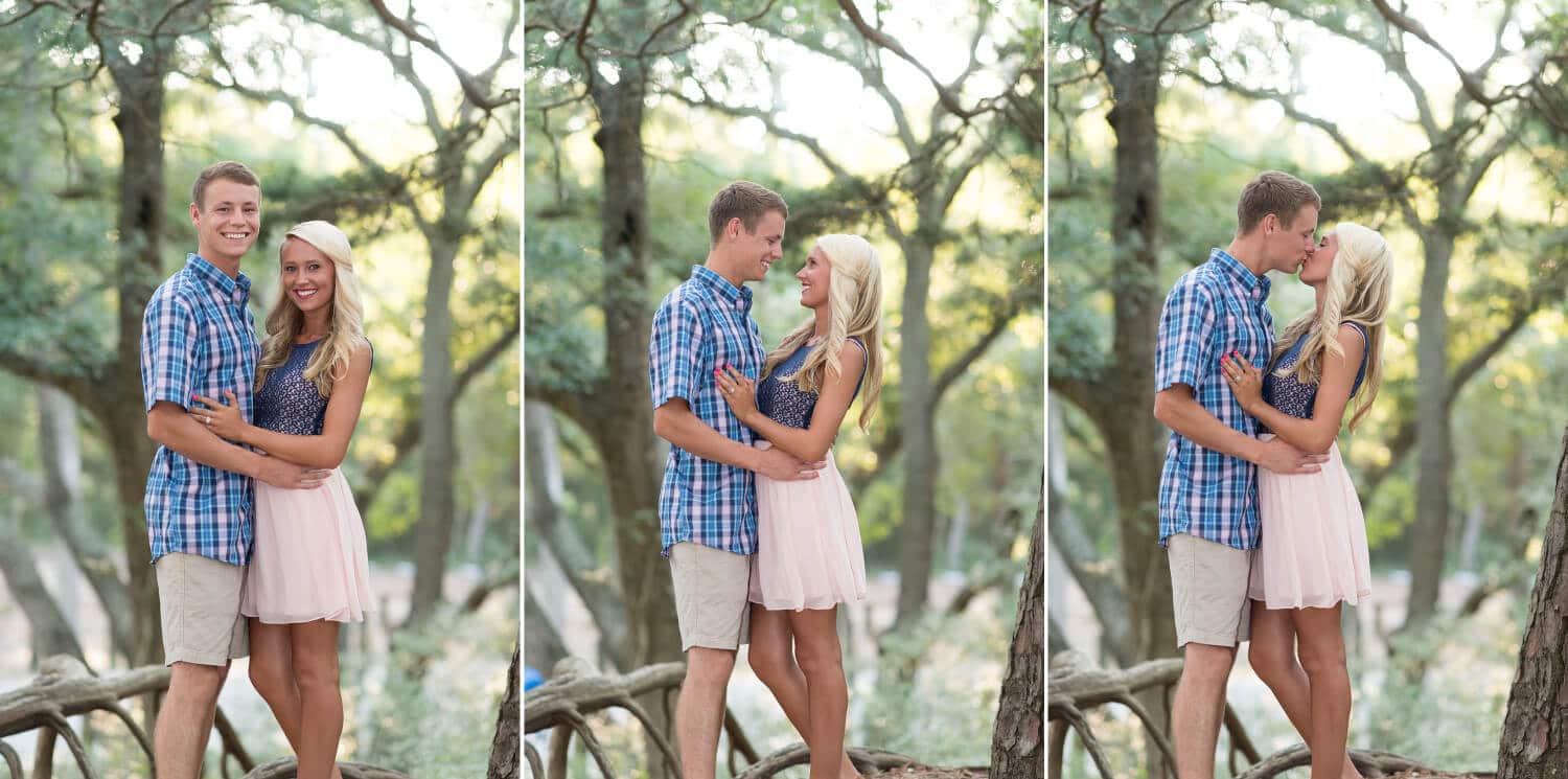 Young married couple portraits in front of the sunlight coming through the trees