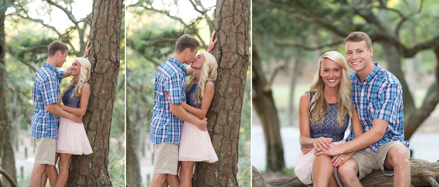 Couple kissing against a tree in the Myrtle Beach State Park