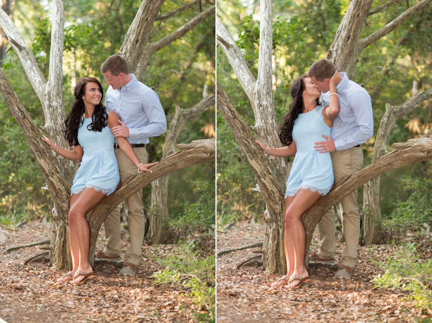 Couple leaning against the dead oak tree in the park