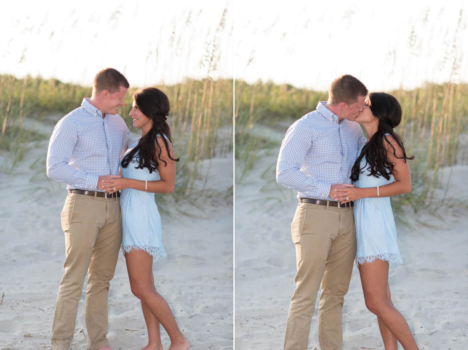 Kiss in front of the dunes after proposal