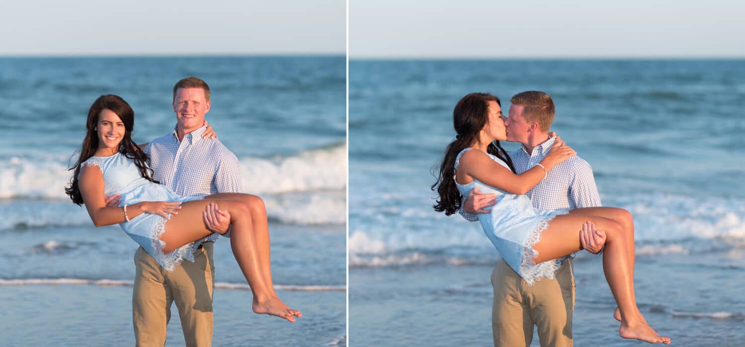 Holding fiance in front of the ocean
