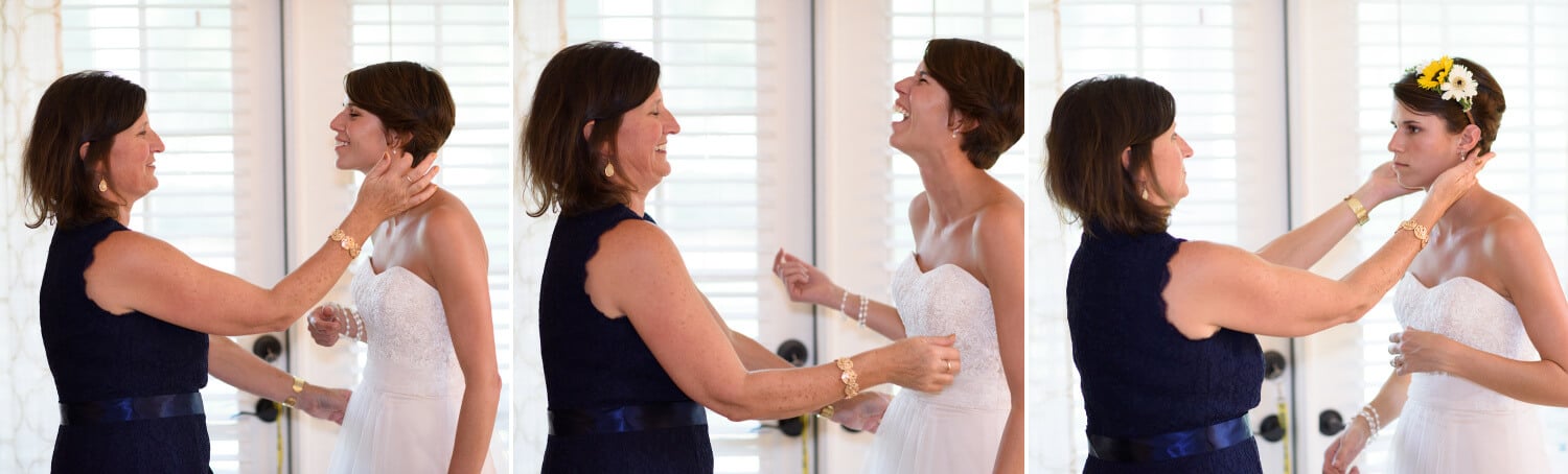 Mom helping bride with her hair