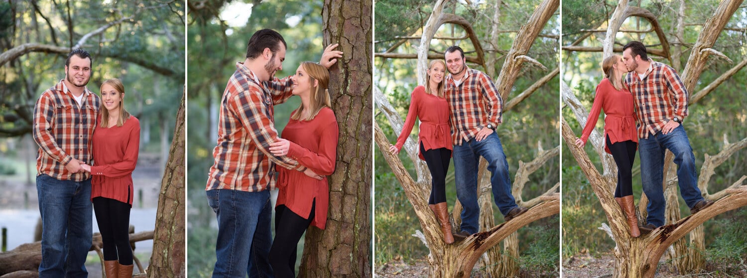 Couple having fun climbing a tree together