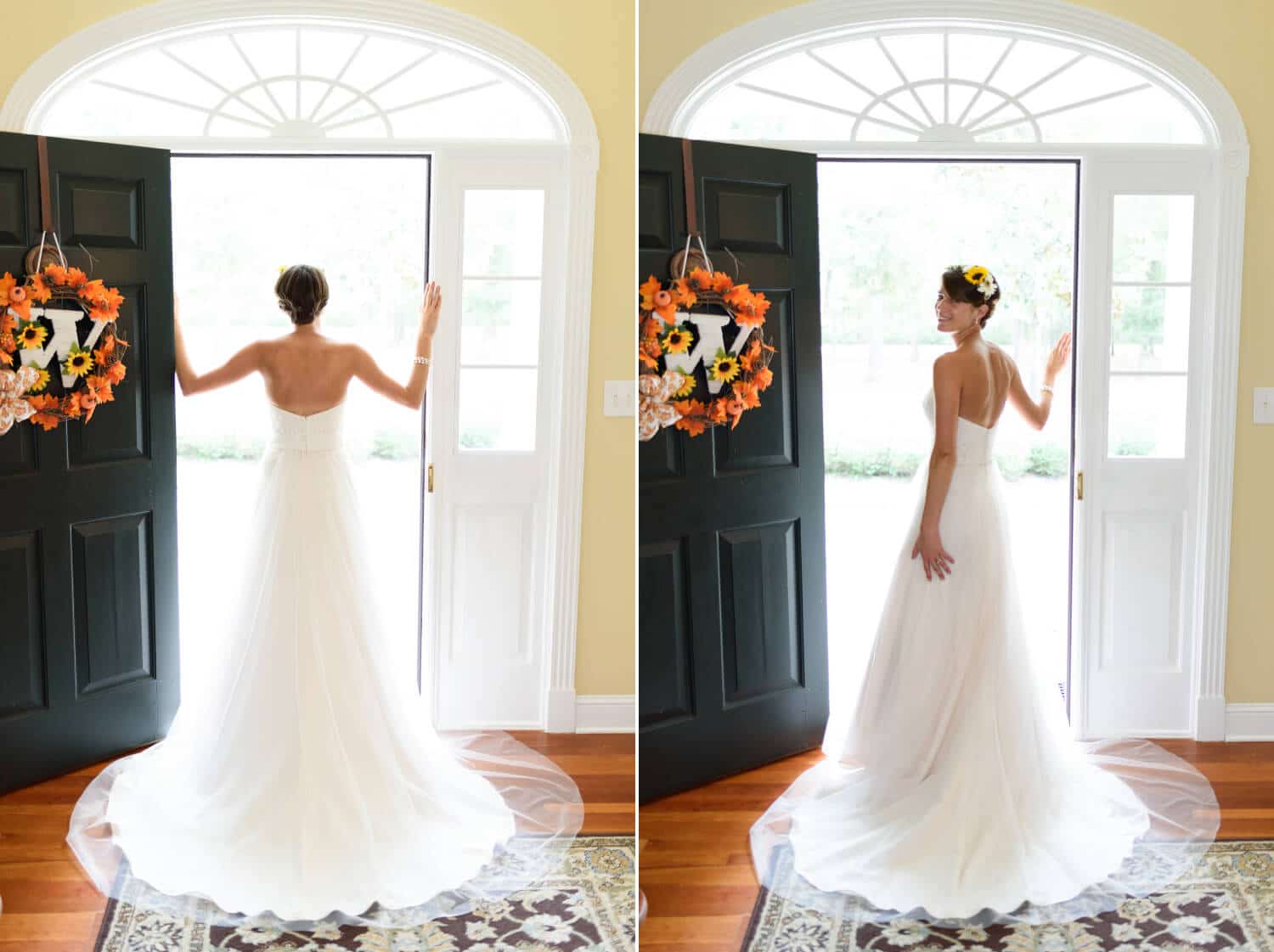 Bride standing in her doorway with dress flowing behind her